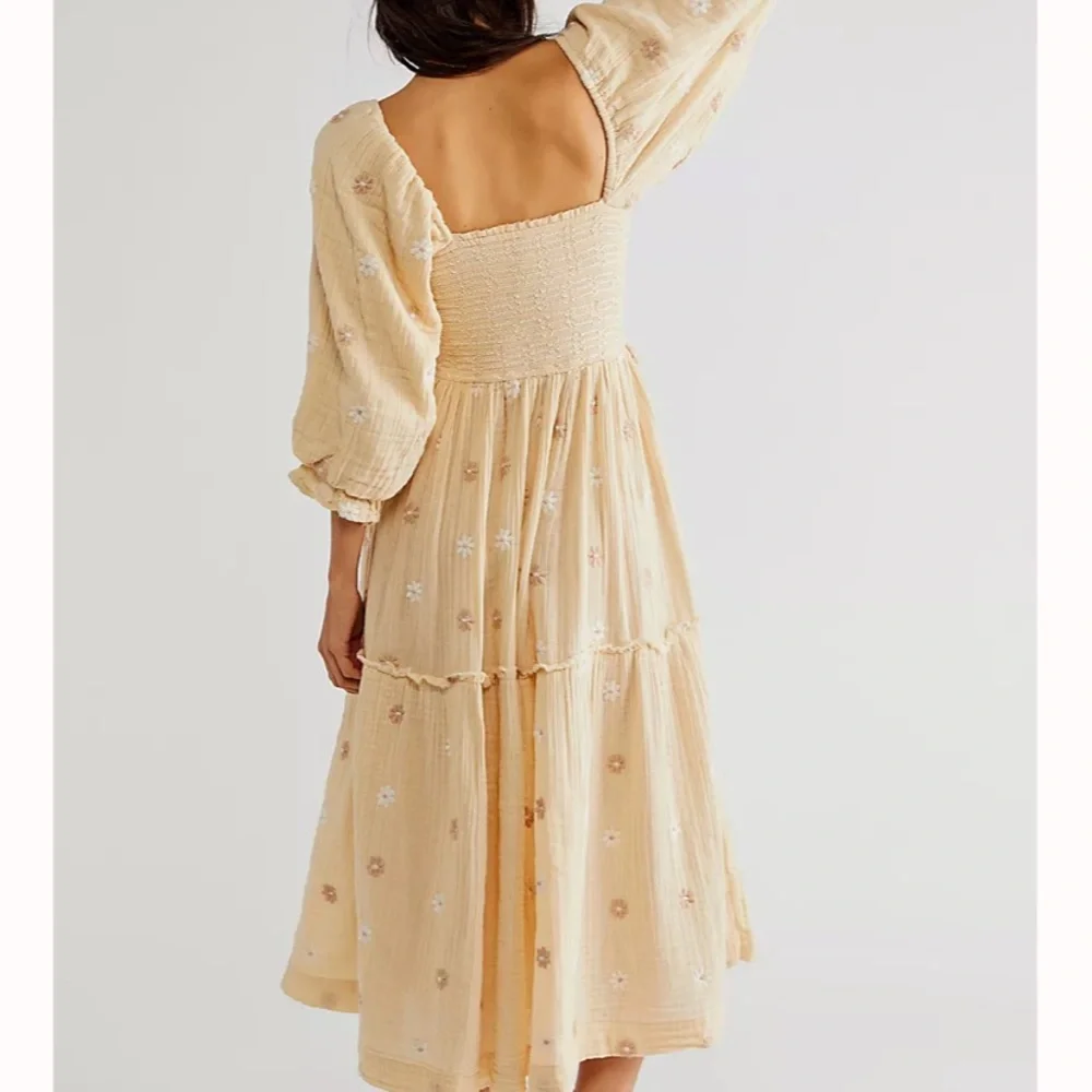 Free People Pale Yellow Floral Embroidered Maxi Dress